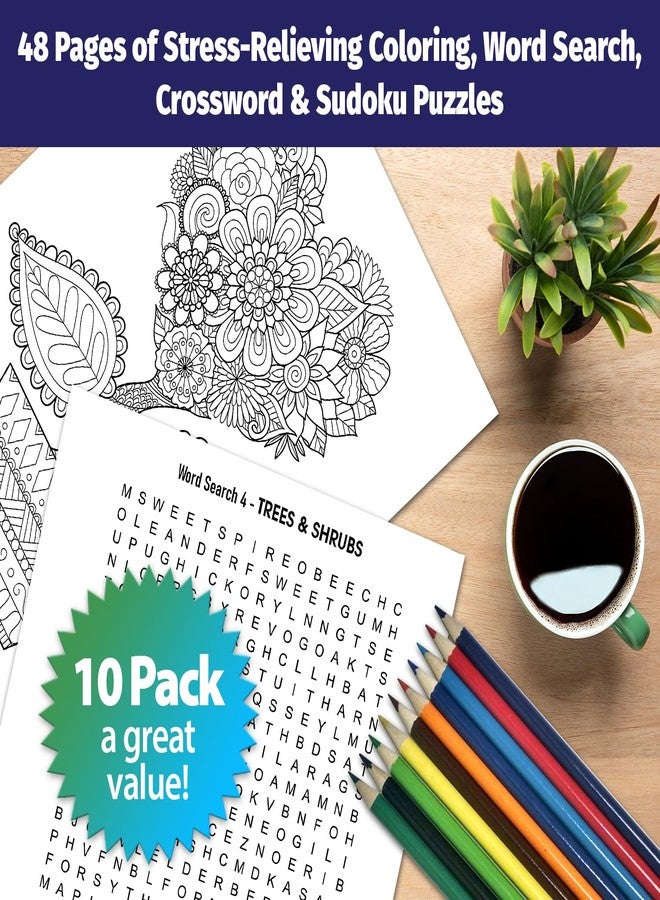 ZOCO - Adult Coloring & Large Print Puzzle Books (10 Bulk Pack with Colored Pencils) - Word Search, Crossword, Sudoku Puzzles - Gifts for Senior Citizens, Vision Impaired, Elderly, Kids - Image 2